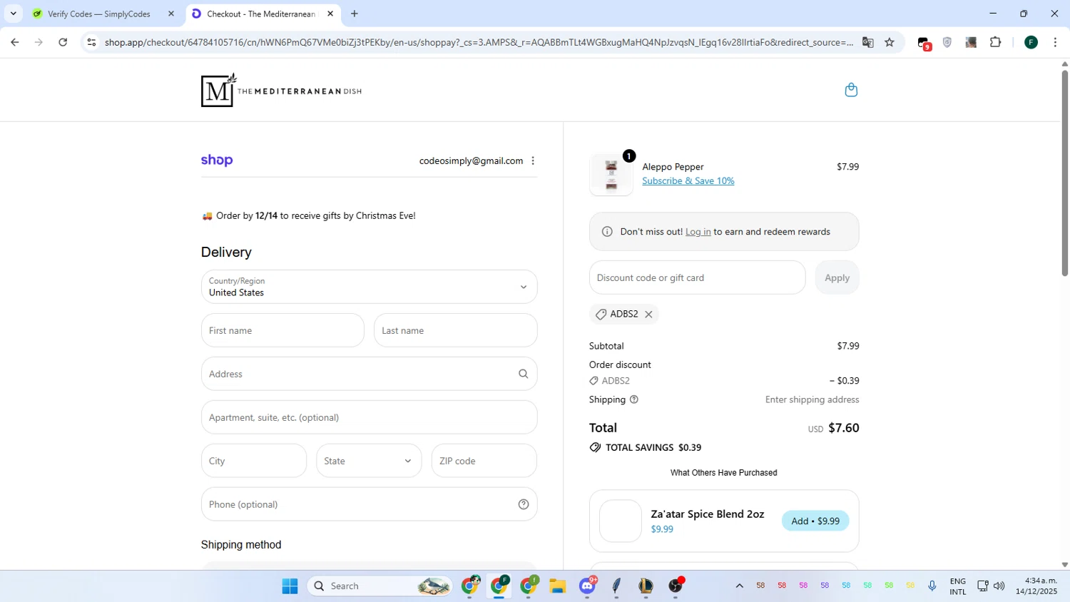 The Mediterranean Dish promo code screenshot showing code ADBS2 applied at The Mediterranean Dish checkout page. Uploaded by SimplyCodes community member Juanse on Dec 14, 2025