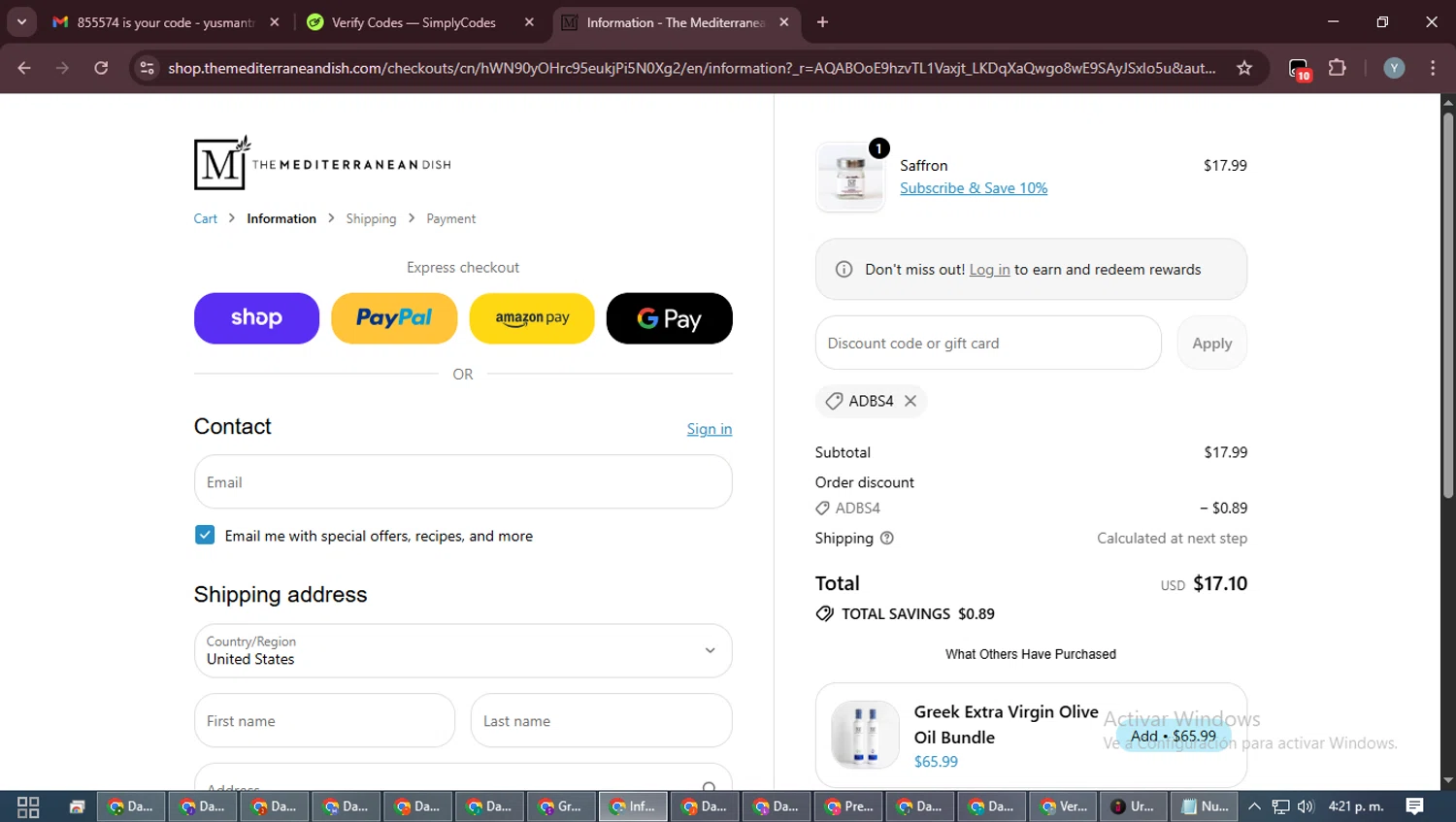 The Mediterranean Dish promo code screenshot showing code ADBS4 applied at The Mediterranean Dish checkout page. Uploaded by SimplyCodes community member MoneyTiger5162 on Feb 20, 2026