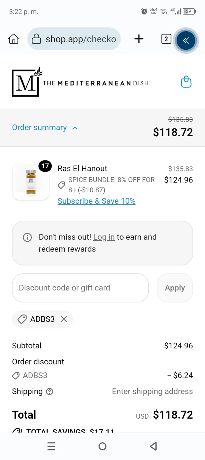 The Mediterranean Dish promo code screenshot showing code ADBS3 applied at The Mediterranean Dish checkout page. Uploaded by SimplyCodes community member Anthony_Diaz on Dec 7, 2025