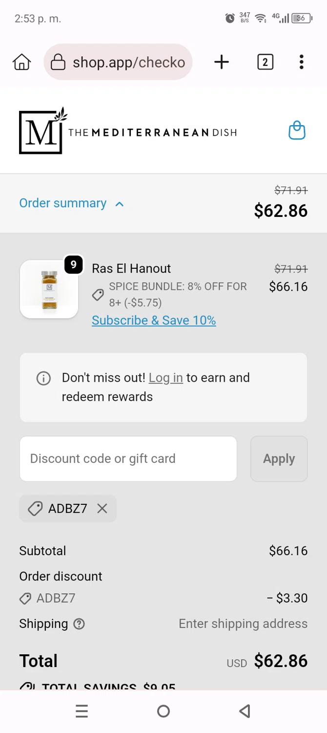 The Mediterranean Dish promo code screenshot showing code ADBZ7 applied at The Mediterranean Dish checkout page. Uploaded by SimplyCodes community member Anthony_Diaz on Oct 29, 2025