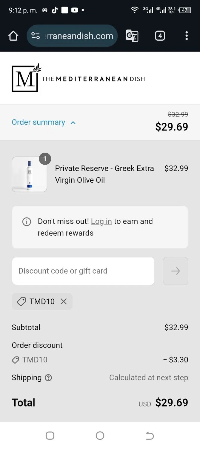 The Mediterranean Dish promo code screenshot showing code TMD10 applied at The Mediterranean Dish checkout page. Uploaded by SimplyCodes community member ylenisjordan on Jun 7, 2025