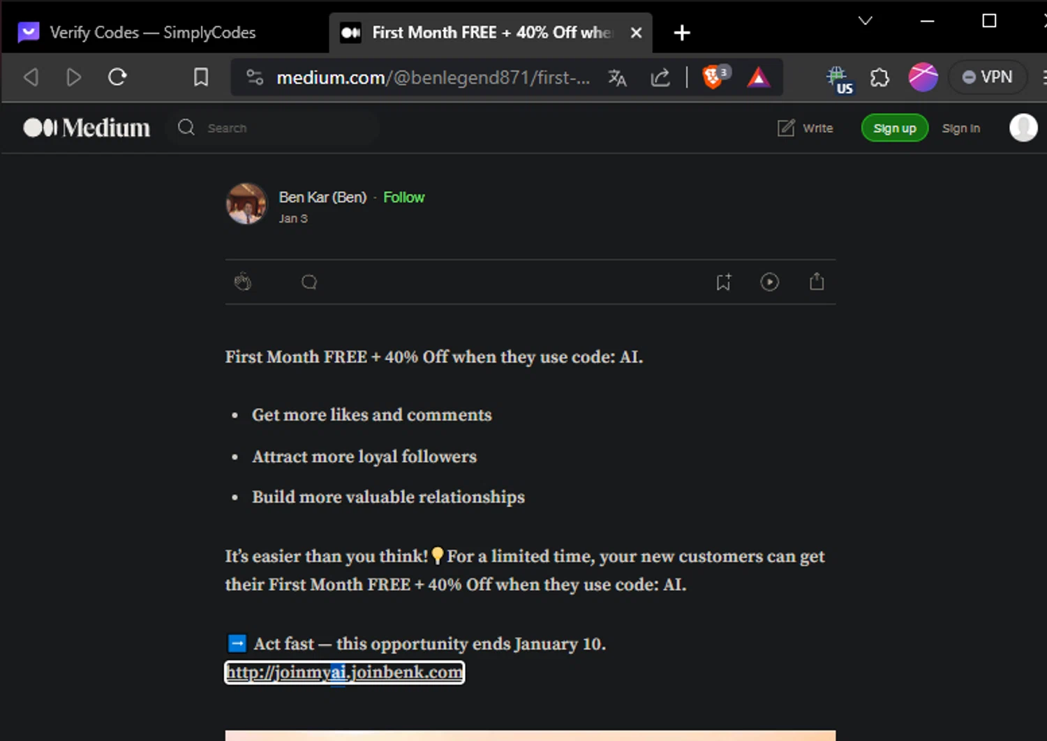 Medium checkout page showing Medium promo code box | Screenshot taken by SimplyCodes community member on Jan 18, 2024