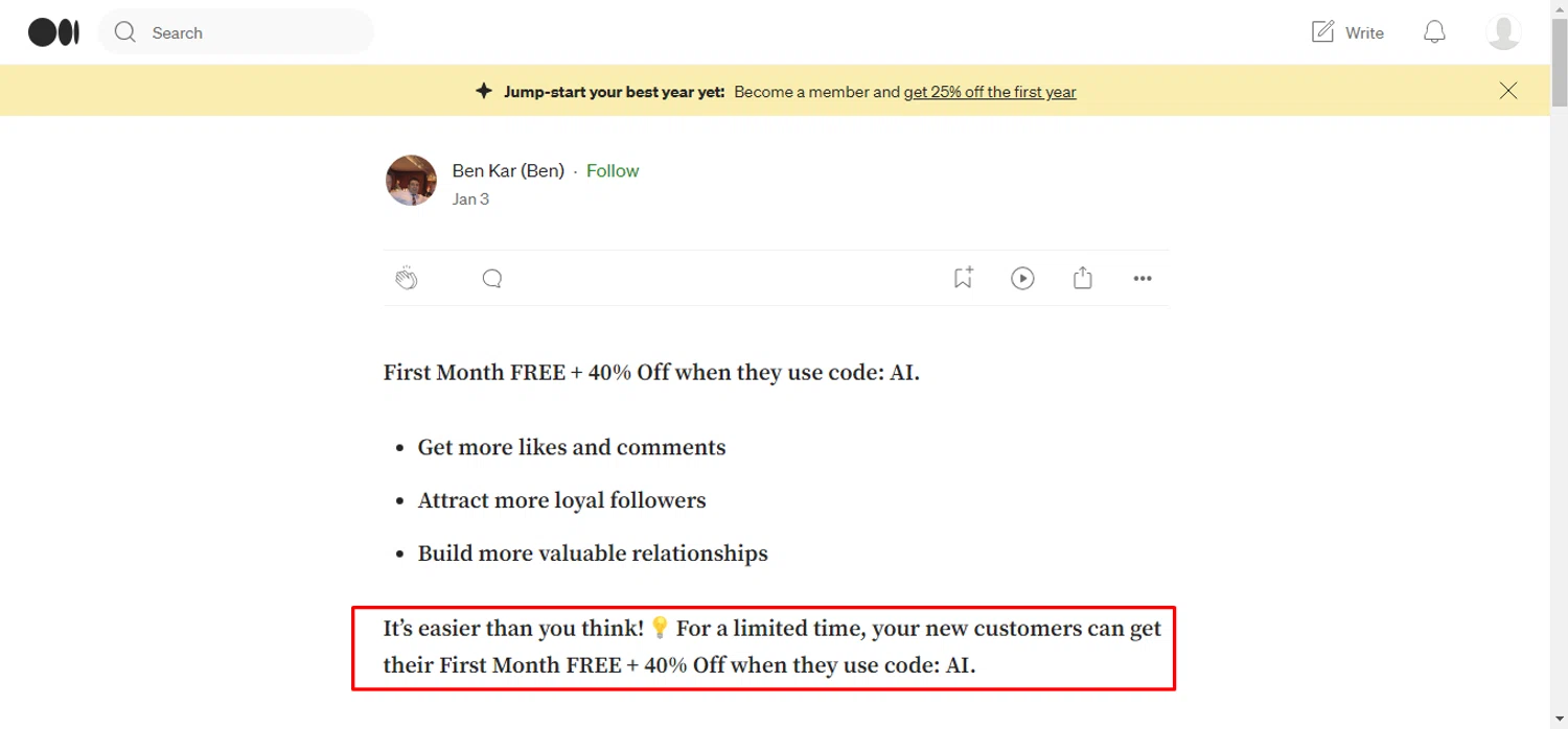 Medium checkout page showing Medium promo code box | Screenshot taken by SimplyCodes community member on Jan 19, 2024