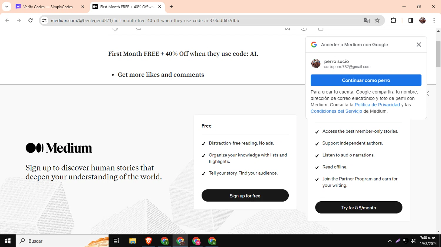 Medium checkout page showing Medium promo code box | Screenshot taken by SimplyCodes community member on Mar 19, 2024