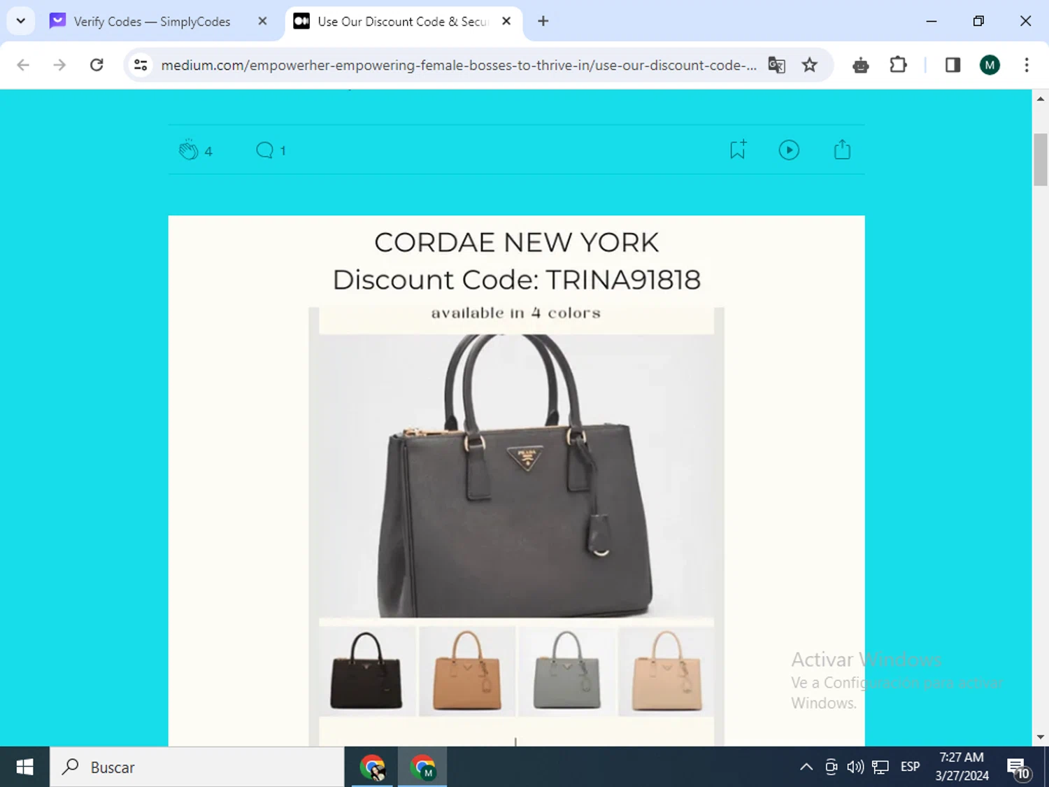 Medium checkout page showing Medium promo code box | Screenshot taken by SimplyCodes community member on Mar 27, 2024