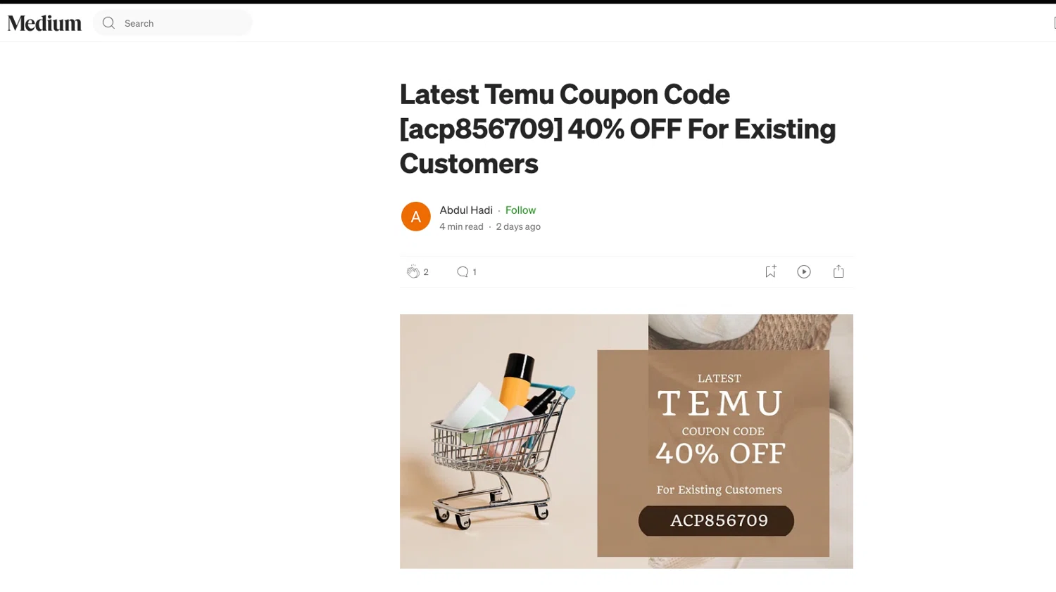 Medium promo code screenshot showing code acp856709 applied at Medium checkout page. Uploaded by SimplyCodes community member ELOIN777 on Jan 19, 2025