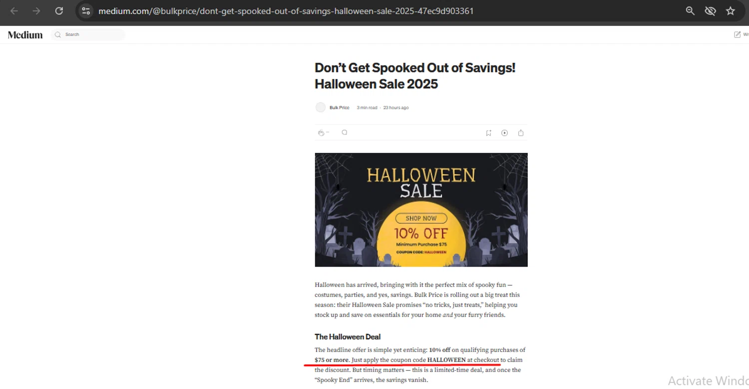 Medium promo code screenshot showing code HALLOWEEN applied at Medium checkout page. Uploaded by SimplyCodes community member anosesmith on Oct 23, 2025