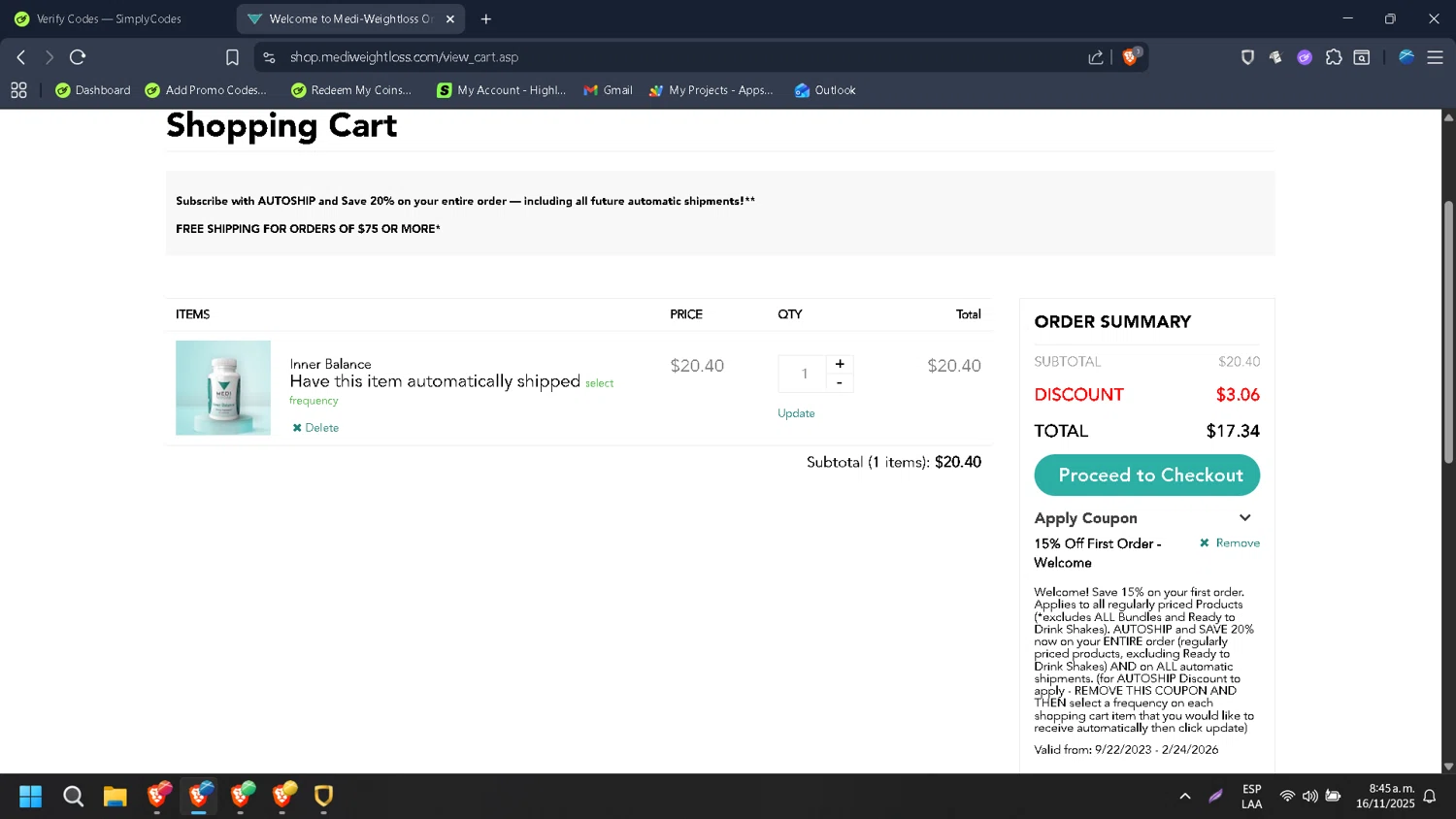 Medi-Weightloss promo code screenshot showing code welcome applied at Medi-Weightloss checkout page. Uploaded by SimplyCodes community member HugoChavez1 on Nov 16, 2025
