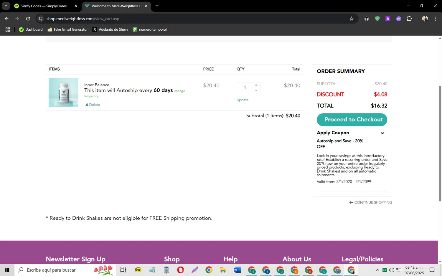Medi-Weightloss promo code screenshot showing code welcome applied at Medi-Weightloss checkout page. Uploaded by SimplyCodes community member jeysosmoore on Jun 7, 2025