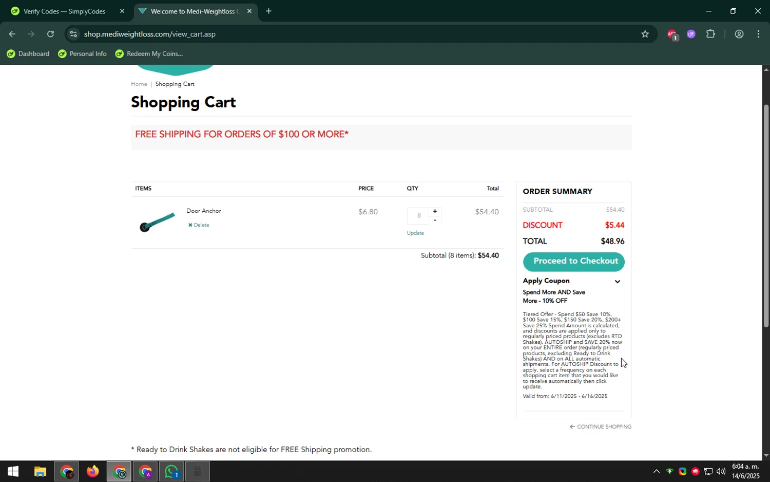 Medi-Weightloss promo code screenshot showing code Erin10 applied at Medi-Weightloss checkout page. Uploaded by SimplyCodes community member LHaunter on Jun 14, 2025