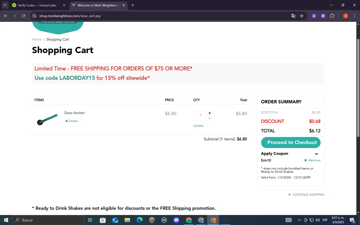 Medi-Weightloss promo code screenshot showing code Erin10 applied at Medi-Weightloss checkout page. Uploaded by SimplyCodes community member lacrita_pirueta on Sep 3, 2025