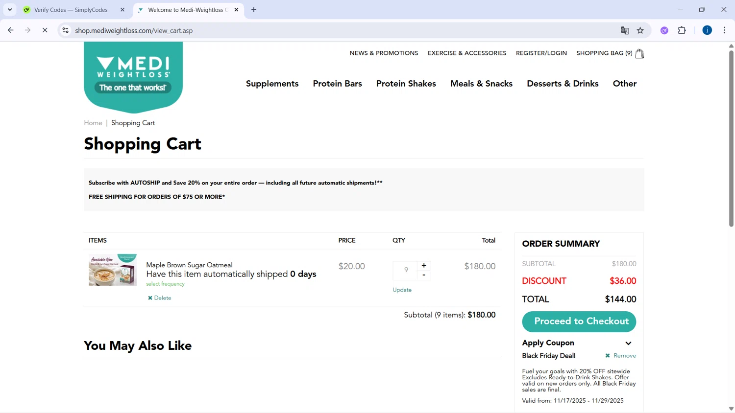 Medi-Weightloss checkout page showing Medi-Weightloss promo code box | Screenshot taken by SimplyCodes community member on Nov 17, 2025