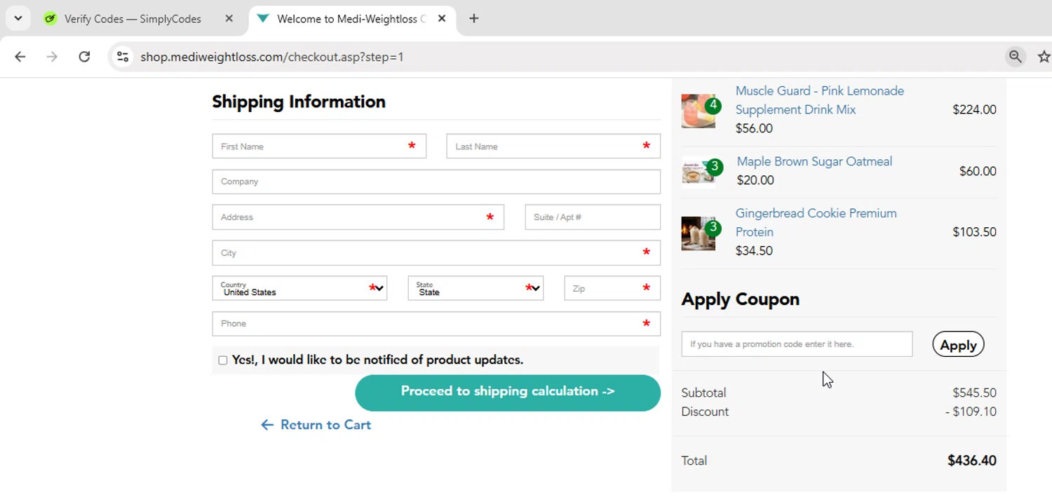 Medi-Weightloss promo code screenshot showing code FUEL20 applied at Medi-Weightloss checkout page. Uploaded by SimplyCodes community member luispepe on Nov 17, 2025