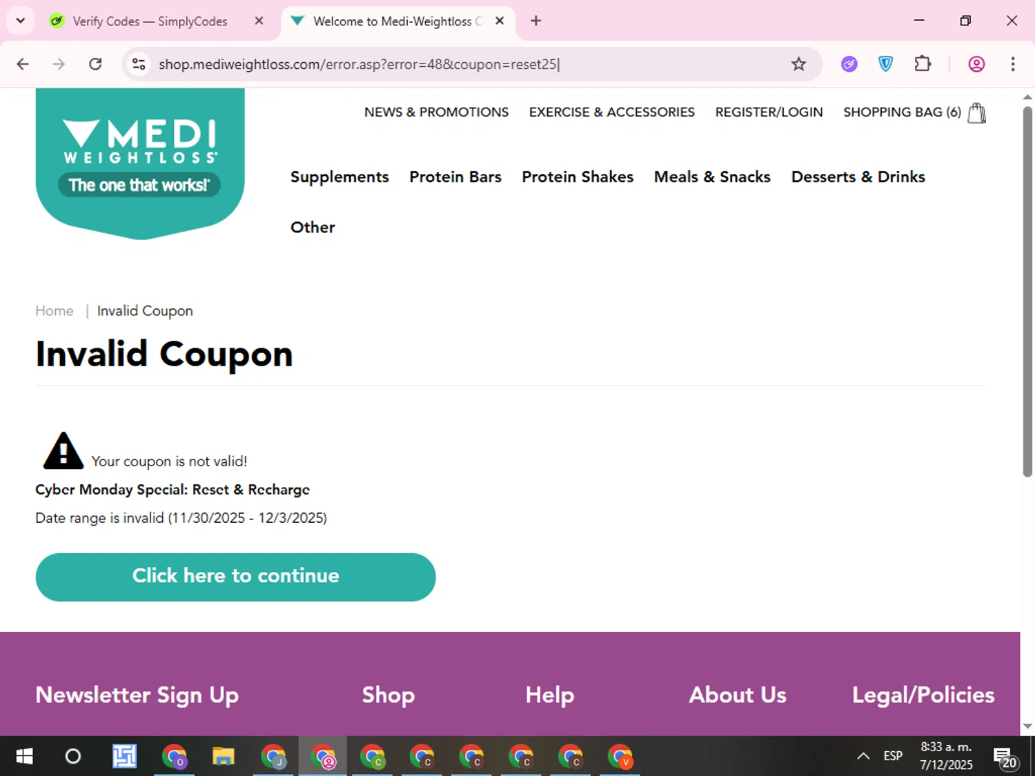 Medi-Weightloss promo code screenshot showing code RESET25 applied at Medi-Weightloss checkout page. Uploaded by SimplyCodes community member QuestCurator1644 on Dec 7, 2025