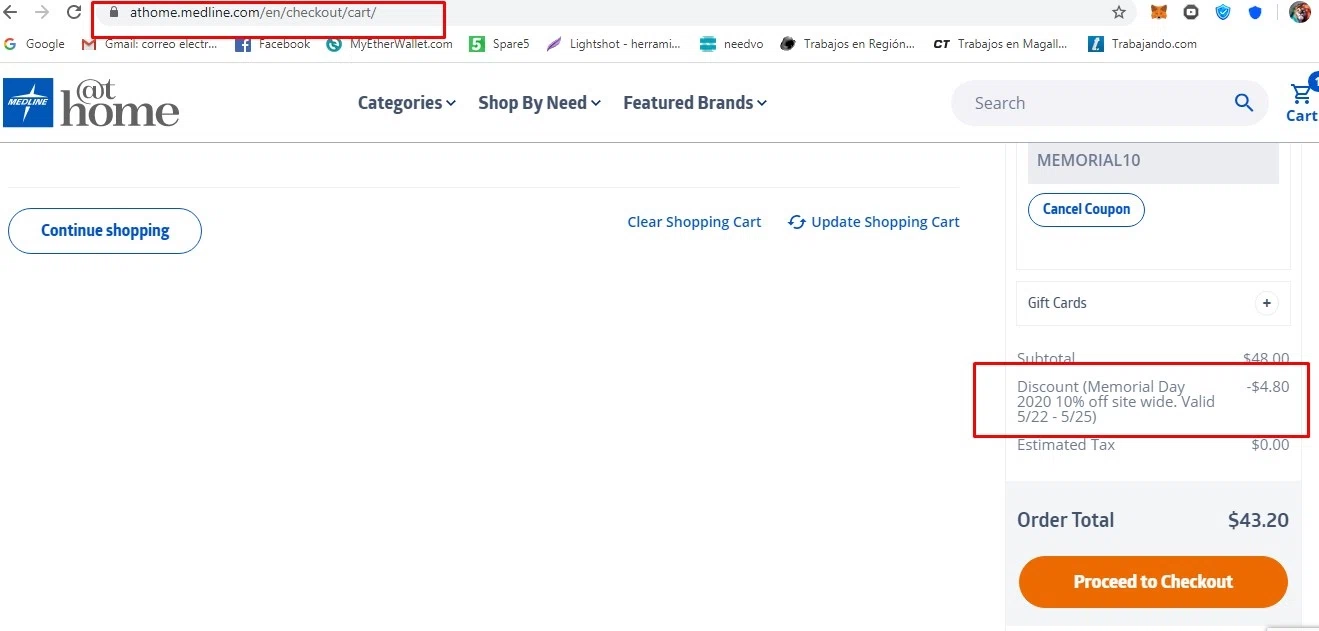 Medline checkout page showing Medline discount code box | Screenshot taken by SimplyCodes community member on May 22, 2020
