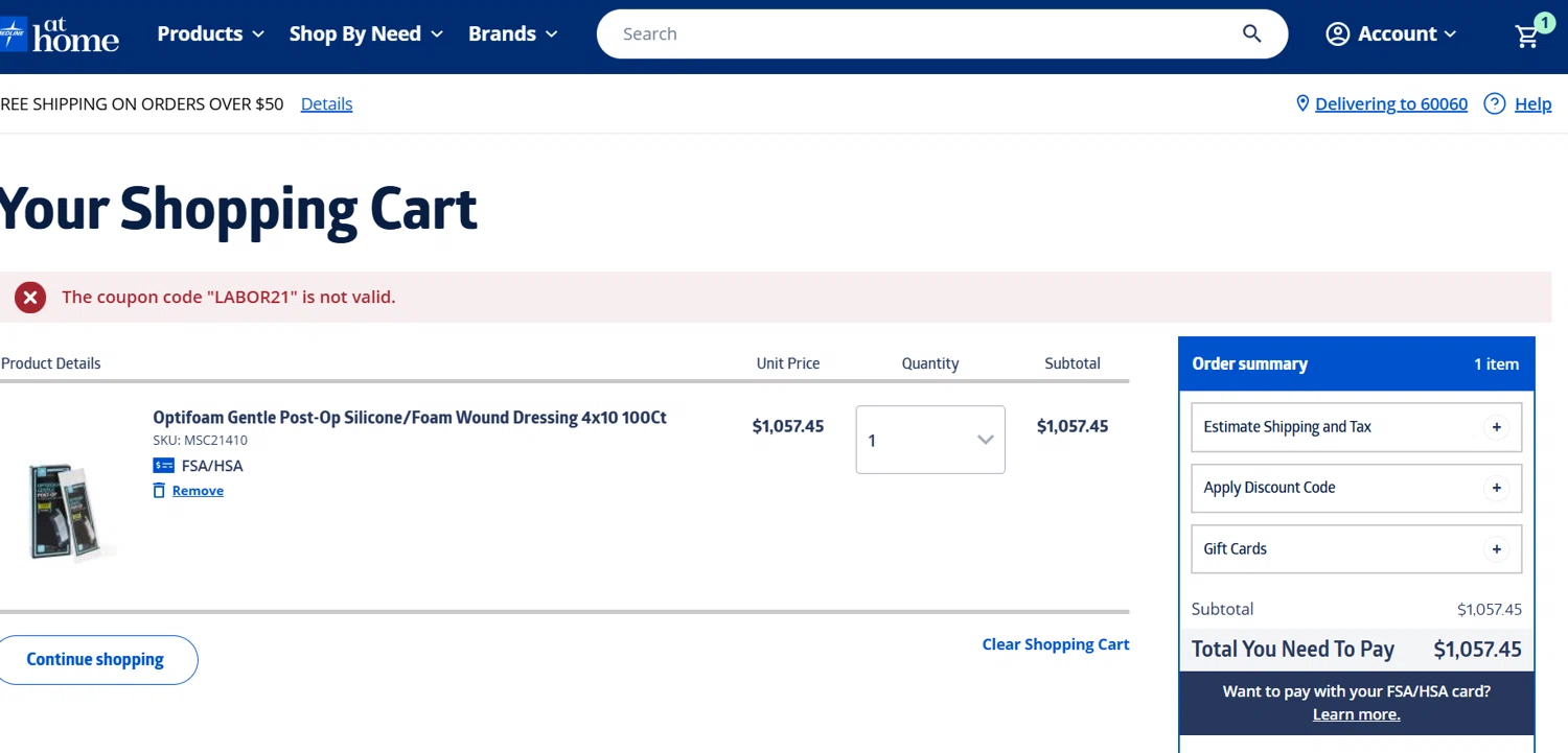 Medline discount code screenshot showing code labor21 applied at Medline checkout page. Uploaded by SimplyCodes community member jade5416625024720 on Mar 16, 2025