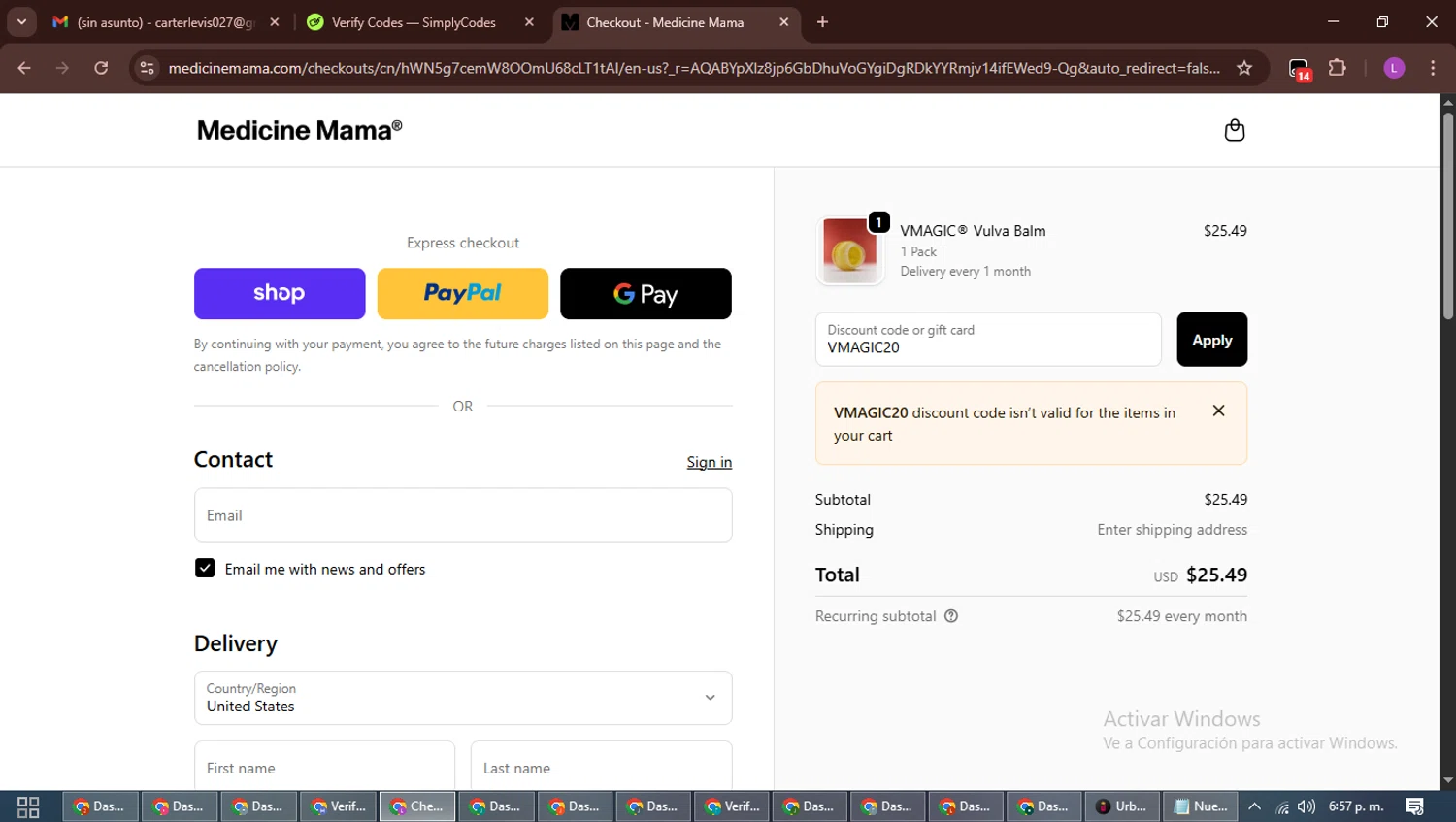 Medicine Mama's Apothecary promo code screenshot showing code VMAGIC20 applied at Medicine Mama's Apothecary checkout page. Uploaded by SimplyCodes community member RewardScout5160 on Nov 24, 2025