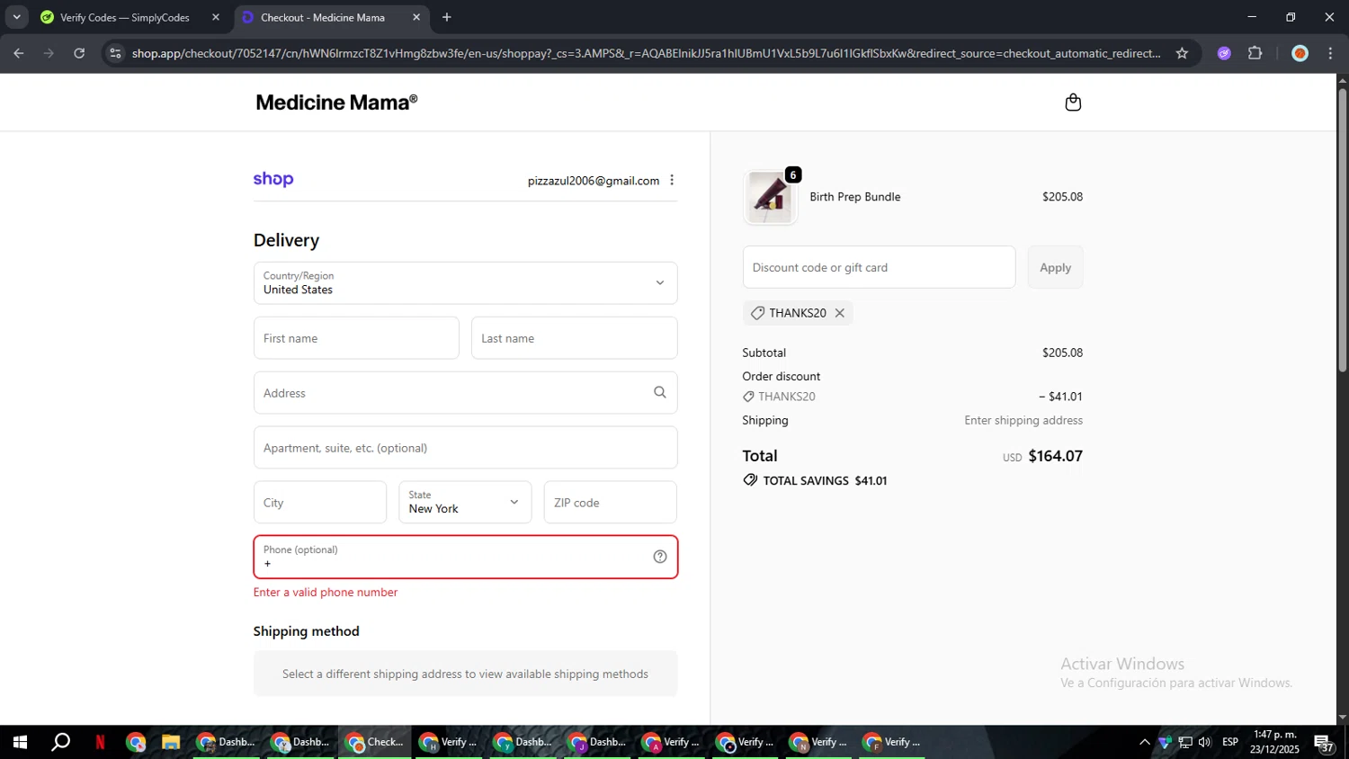 Medicine Mama's Apothecary promo code screenshot showing code THANKS20 applied at Medicine Mama's Apothecary checkout page. Uploaded by SimplyCodes community member BonusCaptain9927 on Dec 23, 2025