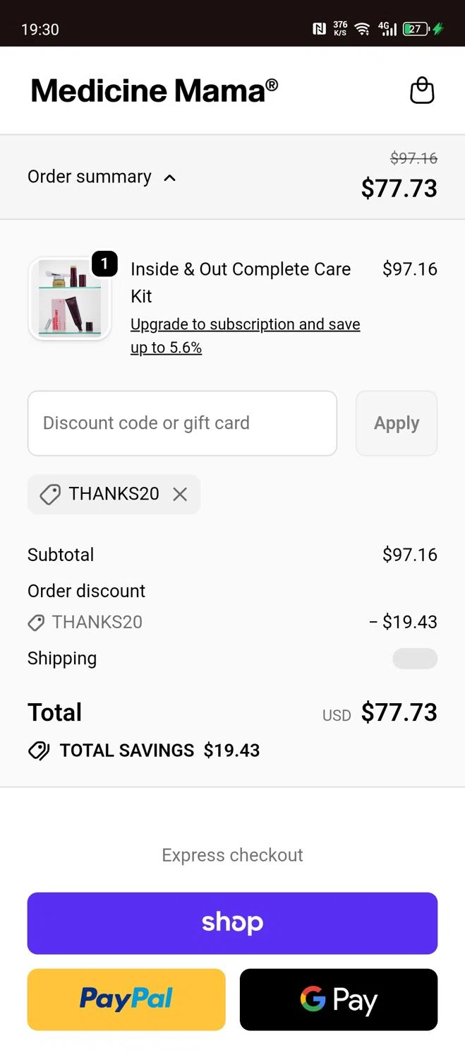 Medicine Mama's Apothecary promo code screenshot showing code THANKS20 applied at Medicine Mama's Apothecary checkout page. Uploaded by SimplyCodes community member SavvyOwl4773 on Nov 19, 2025