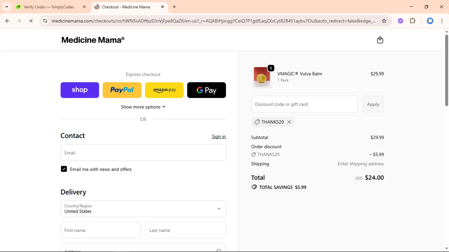 Medicine Mama's Apothecary promo code screenshot showing code THANKS20 applied at Medicine Mama's Apothecary checkout page. Uploaded by SimplyCodes community member davidguardia on Nov 30, 2025