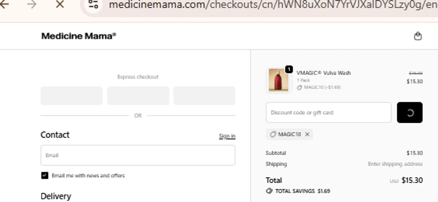 Medicine Mama's Apothecary checkout page showing Medicine Mama's Apothecary promo code box | Screenshot taken by SimplyCodes community member on Feb 18, 2026