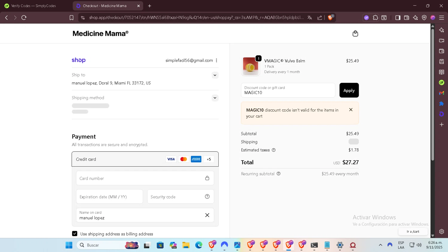 Medicine Mama's Apothecary promo code screenshot showing code MAGIC10 applied at Medicine Mama's Apothecary checkout page. Uploaded by SimplyCodes community member SilverSentinel7889 on Nov 9, 2025