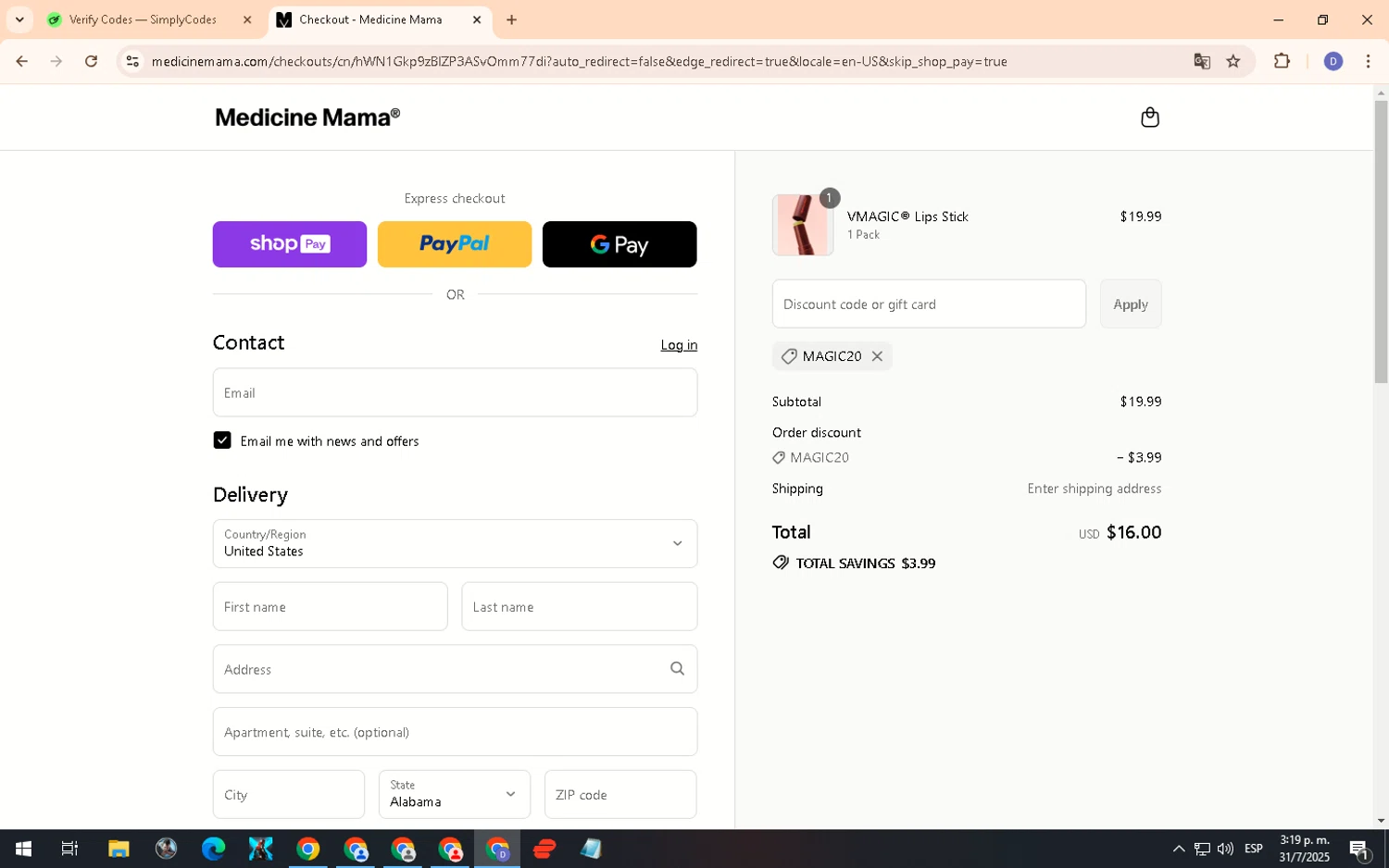 Medicine Mama's Apothecary promo code screenshot showing code MAGIC20 applied at Medicine Mama's Apothecary checkout page. Uploaded by SimplyCodes community member PennyCurator6489 on Jul 31, 2025