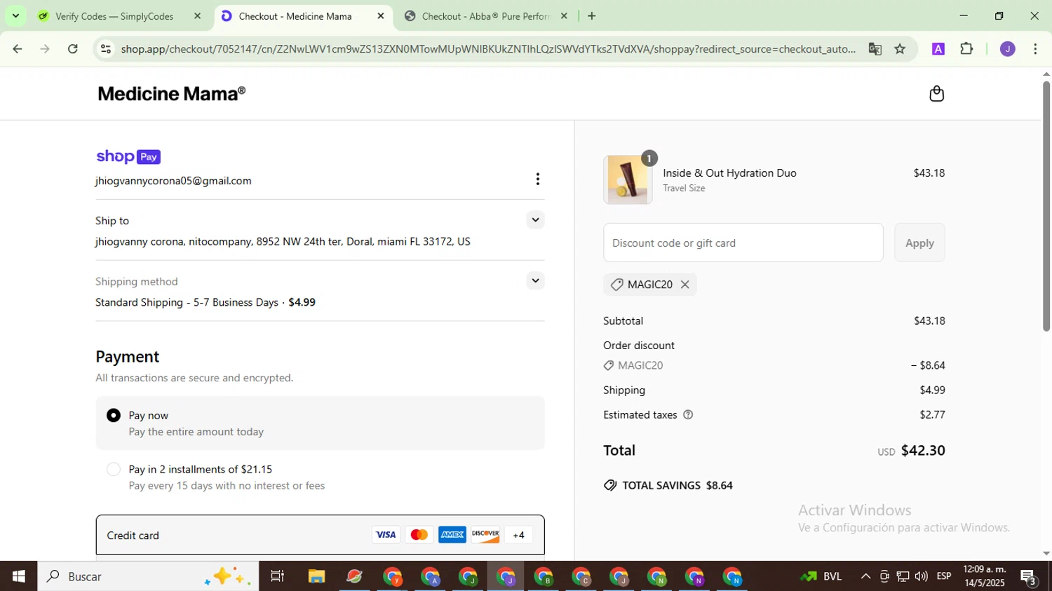 Medicine Mama's Apothecary promo code screenshot showing code MAGIC20 applied at Medicine Mama's Apothecary checkout page. Uploaded by SimplyCodes community member PromoHunter9043 on May 14, 2025