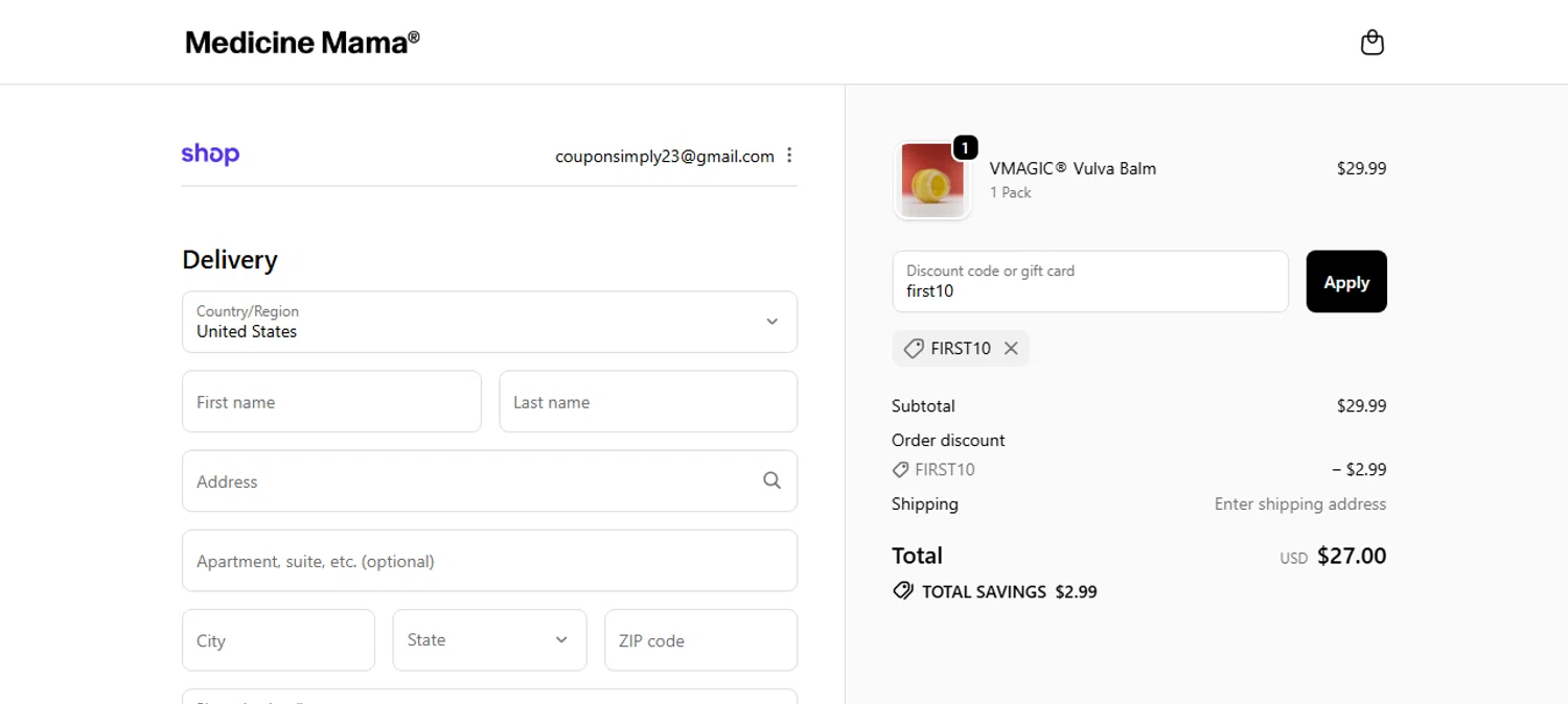 Medicine Mama's Apothecary promo code screenshot showing code first10 applied at Medicine Mama's Apothecary checkout page. Uploaded by SimplyCodes community member IsabellaMillan on Nov 24, 2025