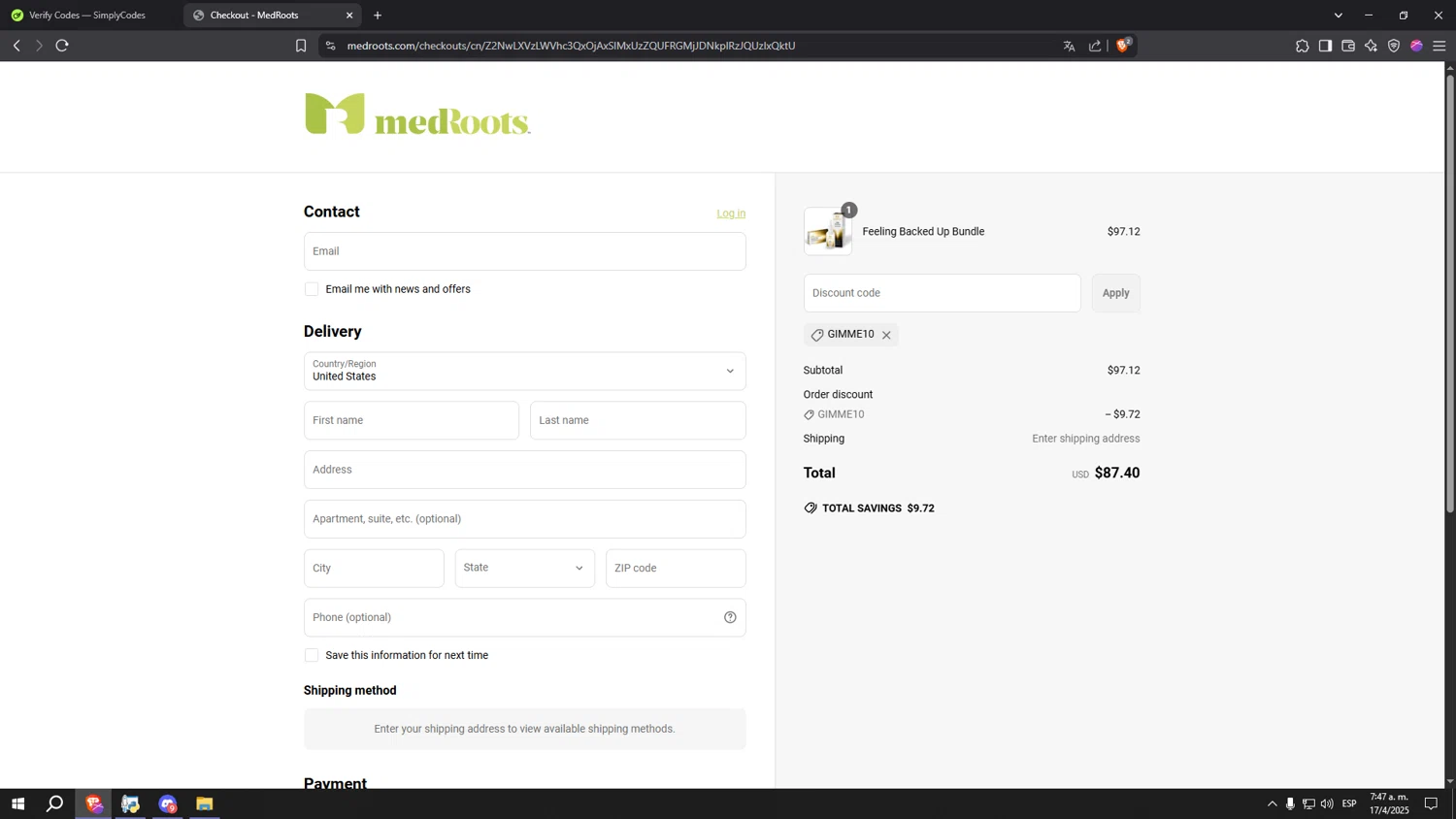 MedRoots checkout page showing MedRoots promo code box | Screenshot taken by SimplyCodes community member on Apr 17, 2025