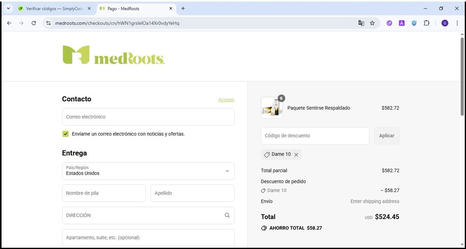 MedRoots promo code screenshot showing code gimme10 applied at MedRoots checkout page. Uploaded by SimplyCodes community member jesus4 on Aug 11, 2025