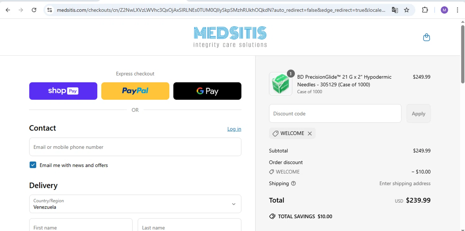 Medsitis discount code screenshot showing code WELCOME applied at Medsitis checkout page. Uploaded by SimplyCodes community member Albert on May 6, 2025