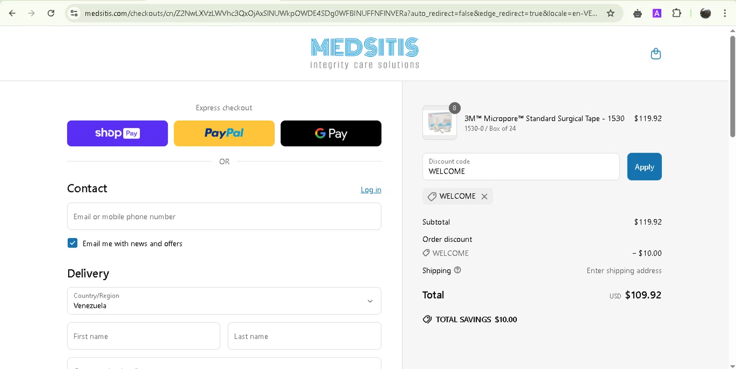 Medsitis discount code screenshot showing code WELCOME applied at Medsitis checkout page. Uploaded by SimplyCodes community member Jesusvasquezzz on Apr 27, 2025