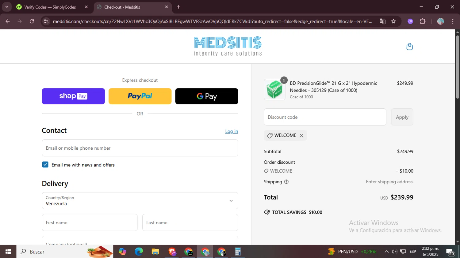 Medsitis discount code screenshot showing code WELCOME applied at Medsitis checkout page. Uploaded by SimplyCodes community member LegendaryPro7106 on May 6, 2025