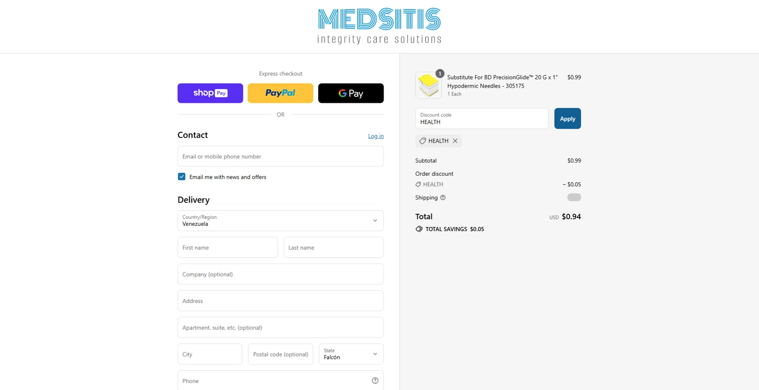 Medsitis discount code screenshot showing code HEALTH applied at Medsitis checkout page. Uploaded by SimplyCodes community member CashOwl3827 on Jul 14, 2025