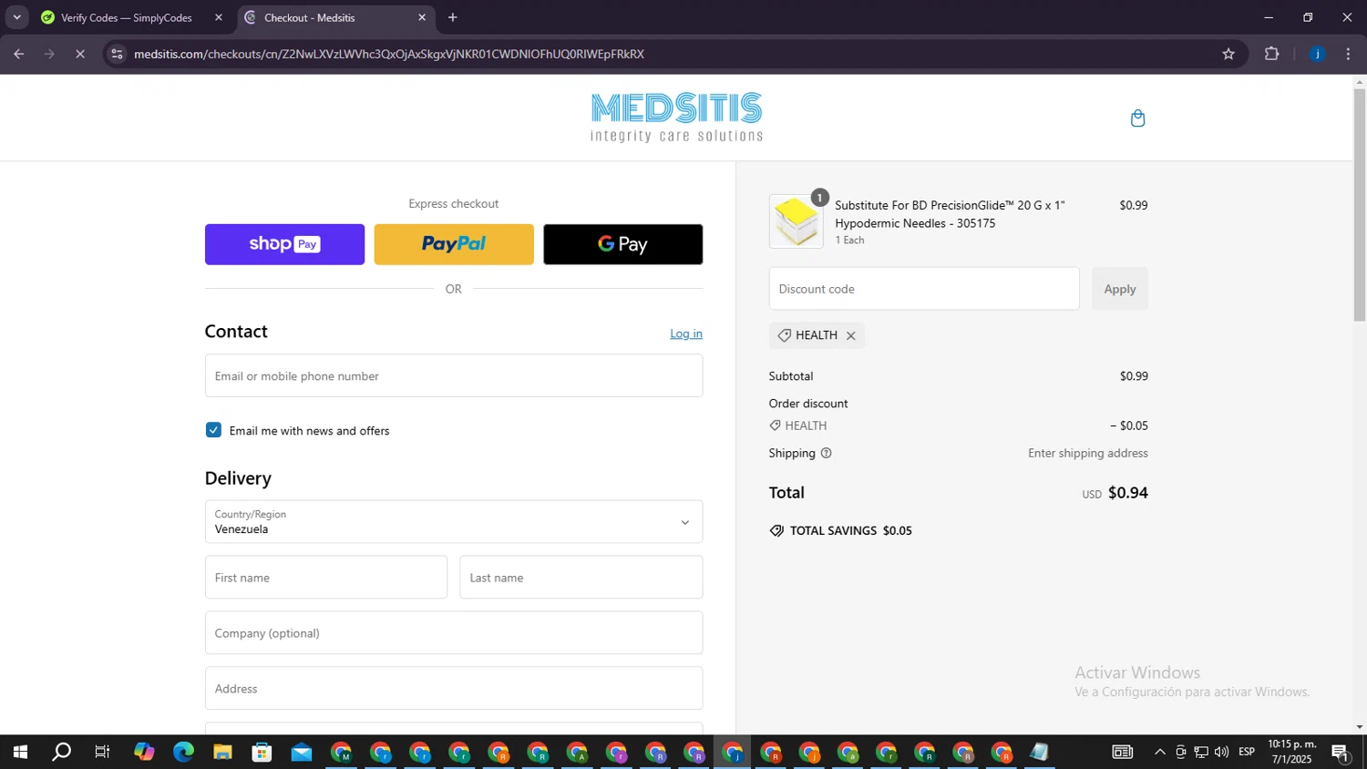 Medsitis discount code screenshot showing code HEALTH applied at Medsitis checkout page. Uploaded by SimplyCodes community member CrownElite7615 on Jan 8, 2025
