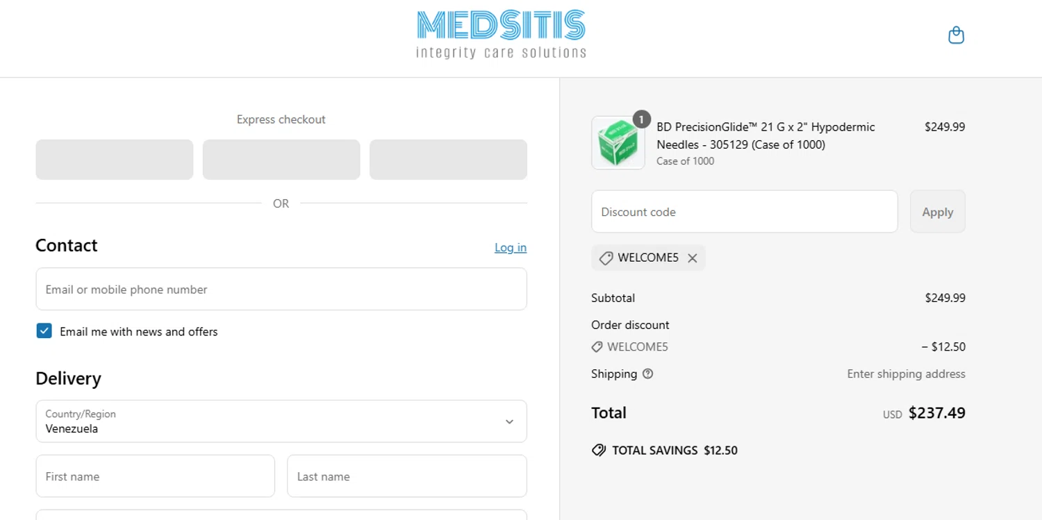 Medsitis discount code screenshot showing code welcome5 applied at Medsitis checkout page. Uploaded by SimplyCodes community member Biden0442069257555 on May 15, 2025