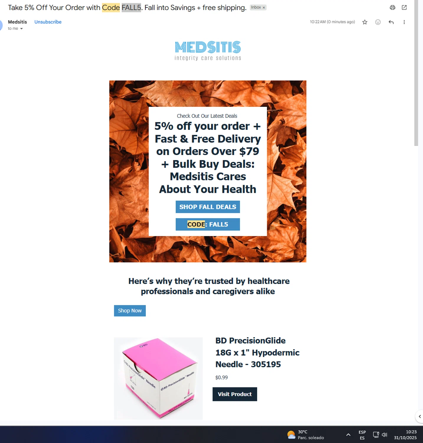 Medsitis discount code screenshot showing code FALL5 applied at Medsitis checkout page. Uploaded by SimplyCodes community member UnkNownVnzla on Oct 31, 2025