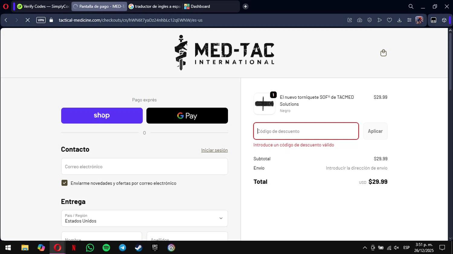 MED-TAC International promo code screenshot showing code JASE-3285 applied at MED-TAC International checkout page. Uploaded by SimplyCodes community member mimusuky1 on Dec 26, 2025