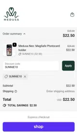 SUNNIE10 coupon verification screenshot