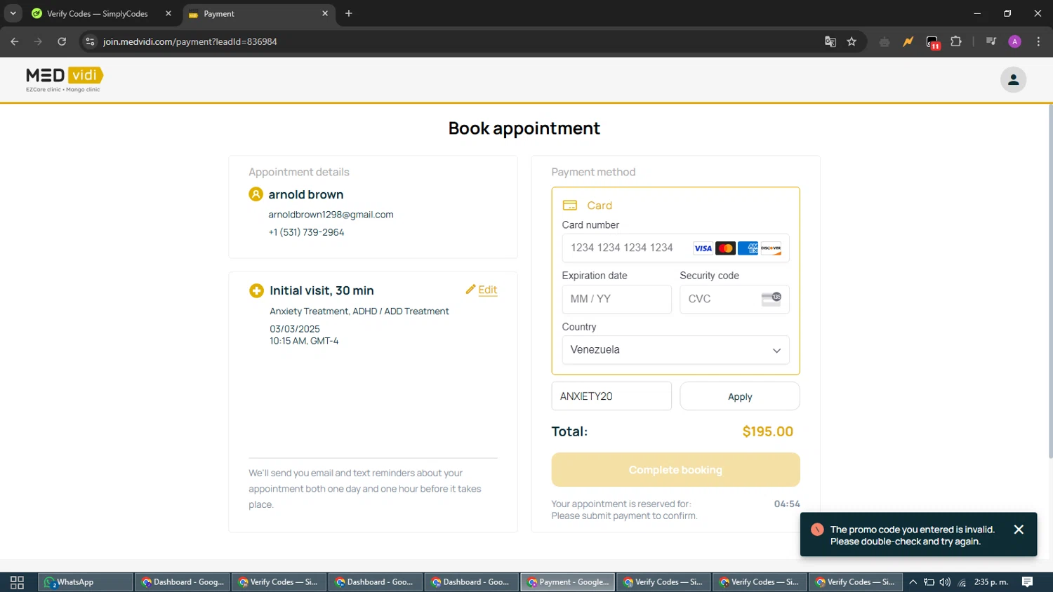 MEDvidi promo code screenshot showing code ANXIETY20 applied at MEDvidi checkout page. Uploaded by SimplyCodes community member CouponScout5403 on Feb 14, 2025
