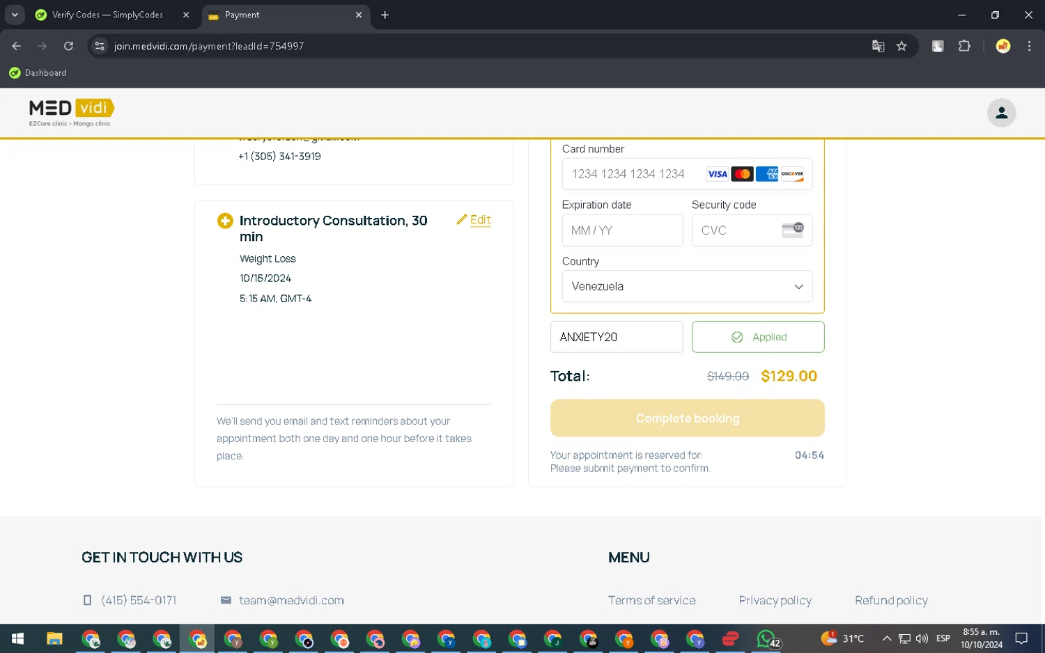 MEDvidi checkout page showing MEDvidi promo code box | Screenshot taken by SimplyCodes community member on Oct 10, 2024