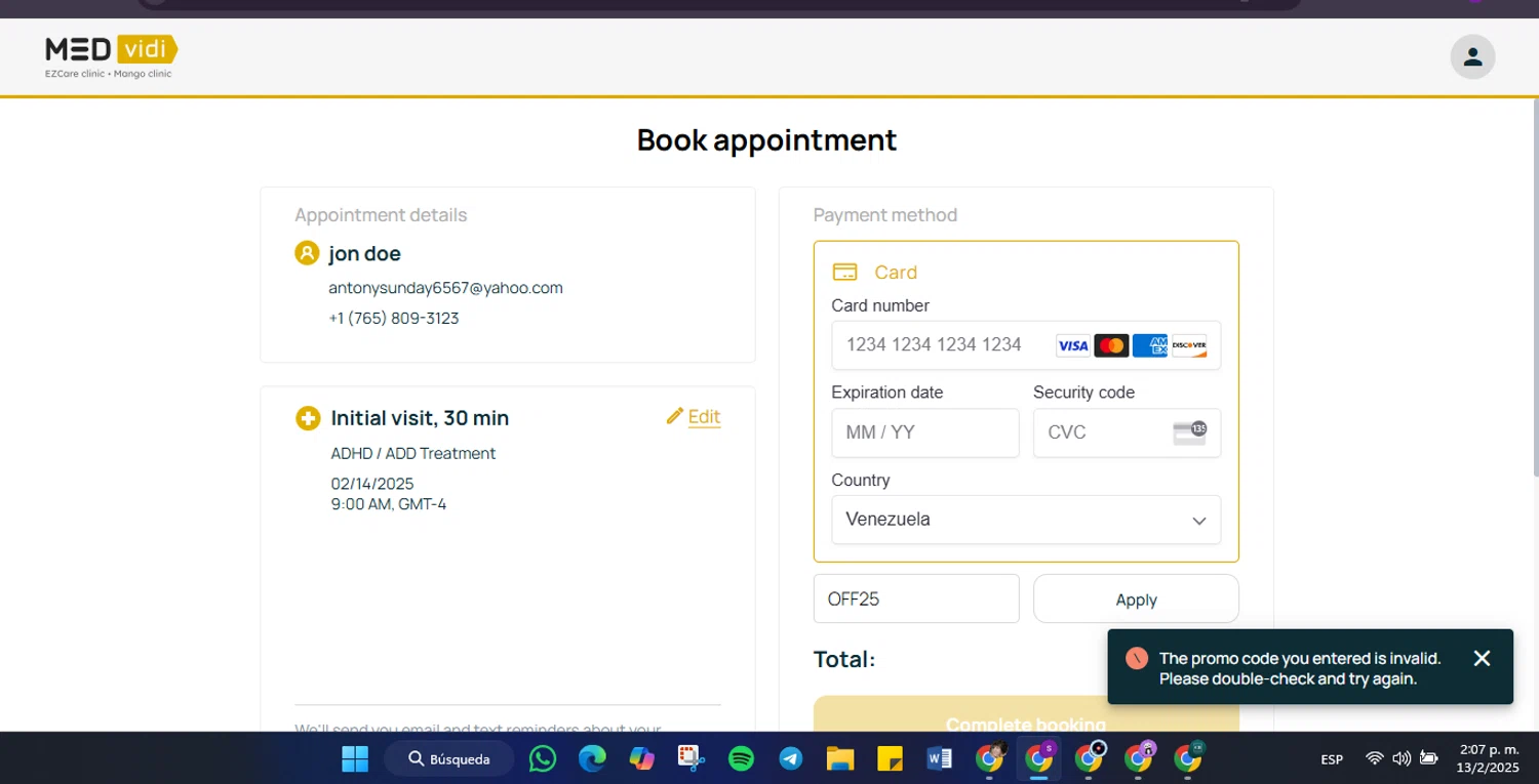 MEDvidi promo code screenshot showing code OFF25 applied at MEDvidi checkout page. Uploaded by SimplyCodes community member Lamadama on Feb 13, 2025