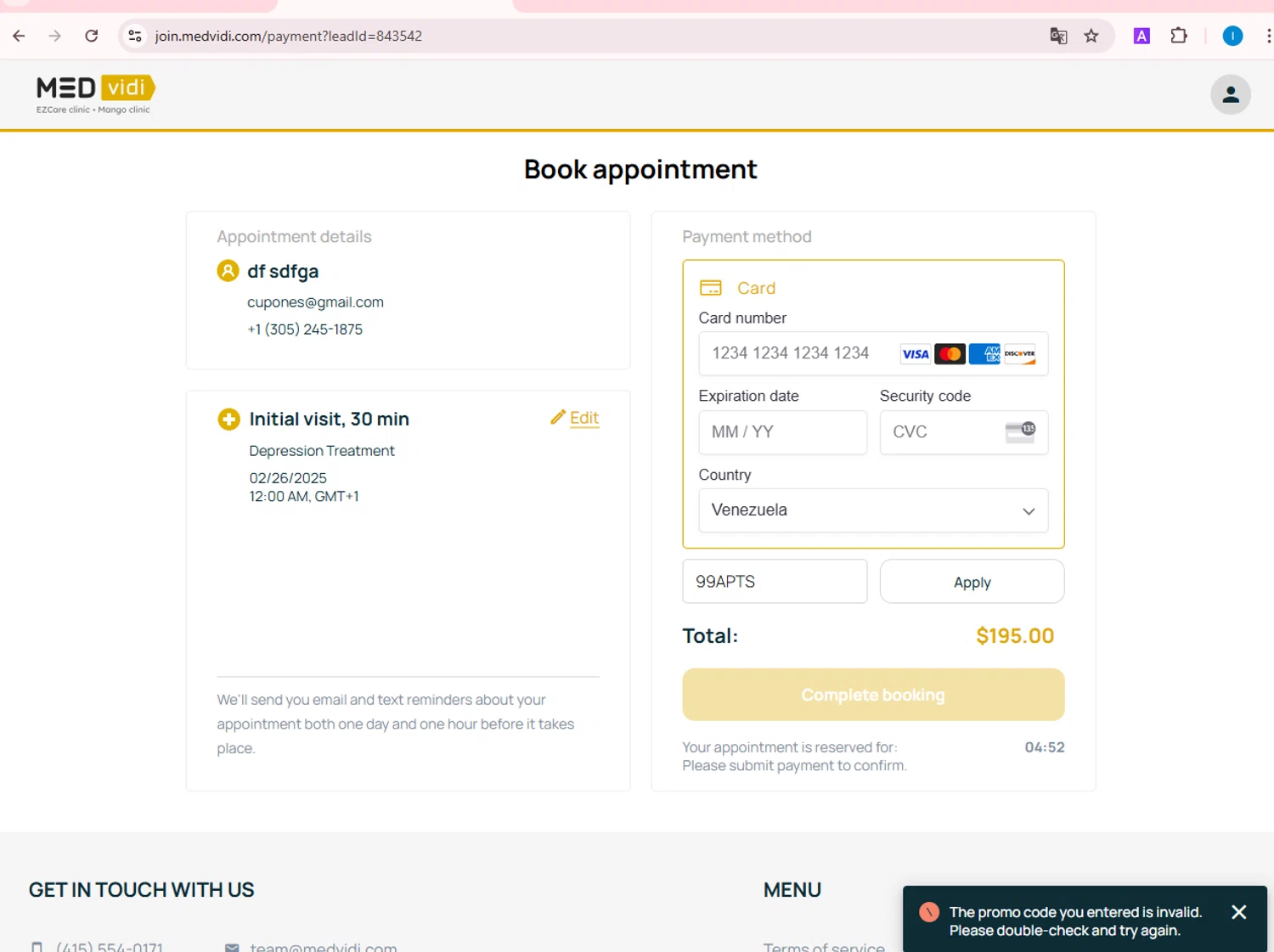 MEDvidi promo code screenshot showing code 99APTS applied at MEDvidi checkout page. Uploaded by SimplyCodes community member TreasureScout5082 on Feb 24, 2025