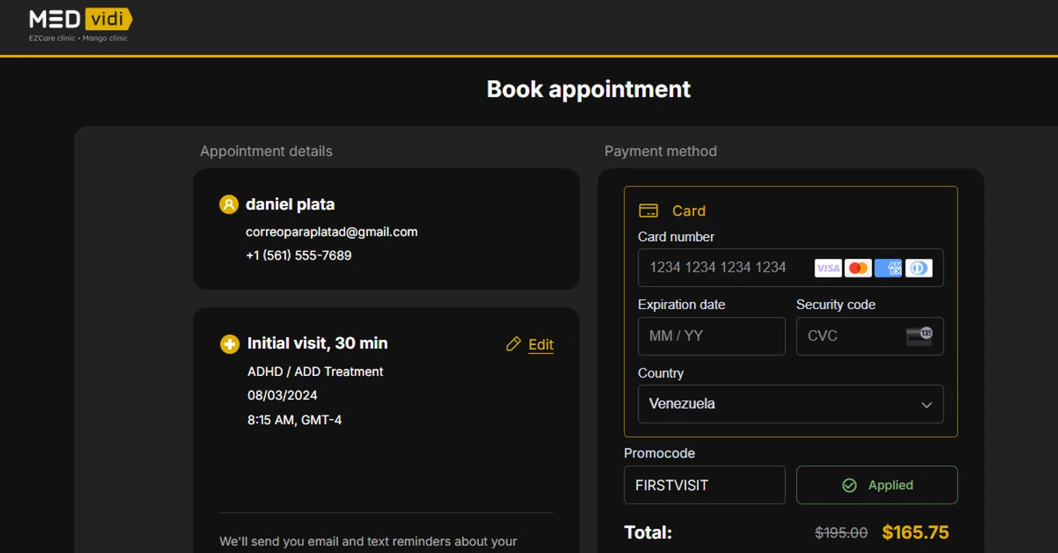 MEDvidi checkout page showing MEDvidi promo code box | Screenshot taken by SimplyCodes community member on Aug 1, 2024