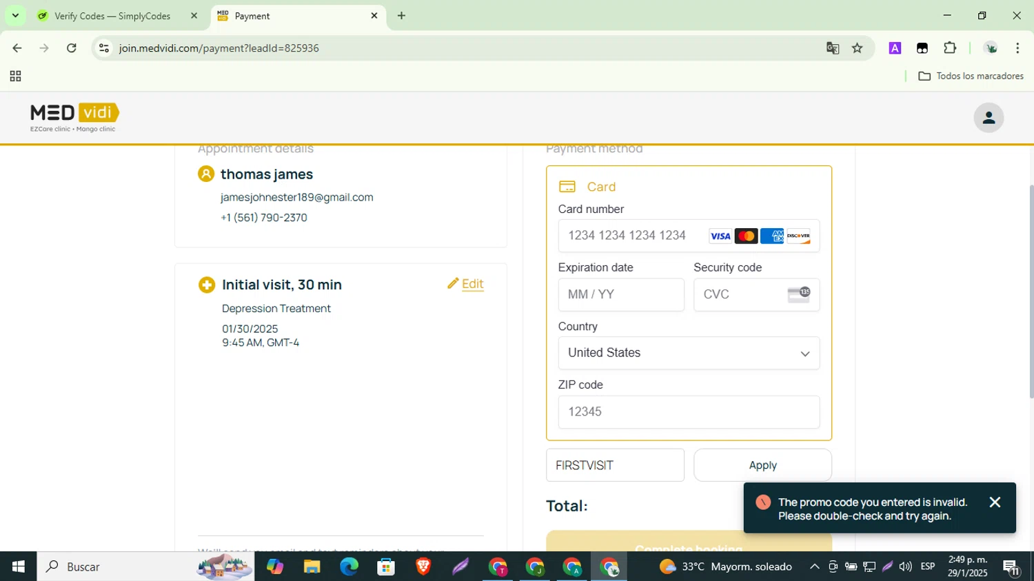 MEDvidi promo code screenshot showing code FIRSTVISIT applied at MEDvidi checkout page. Uploaded by SimplyCodes community member ShrewdSaver8478 on Jan 29, 2025