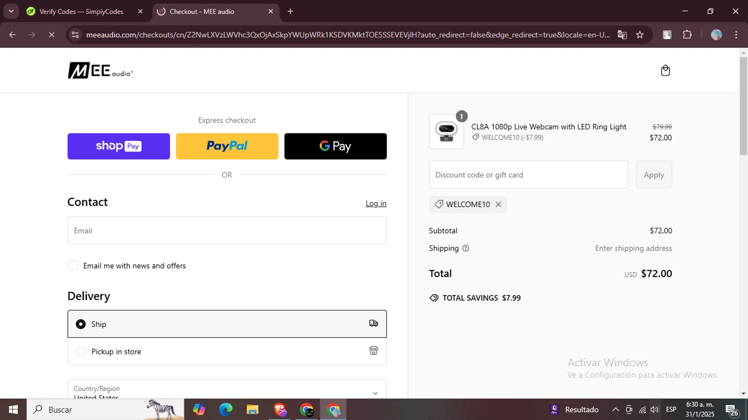 MEE Audio discount code screenshot showing code WELCOME10 applied at MEE Audio checkout page. Uploaded by SimplyCodes community member LegendaryPro7106 on Jan 31, 2025