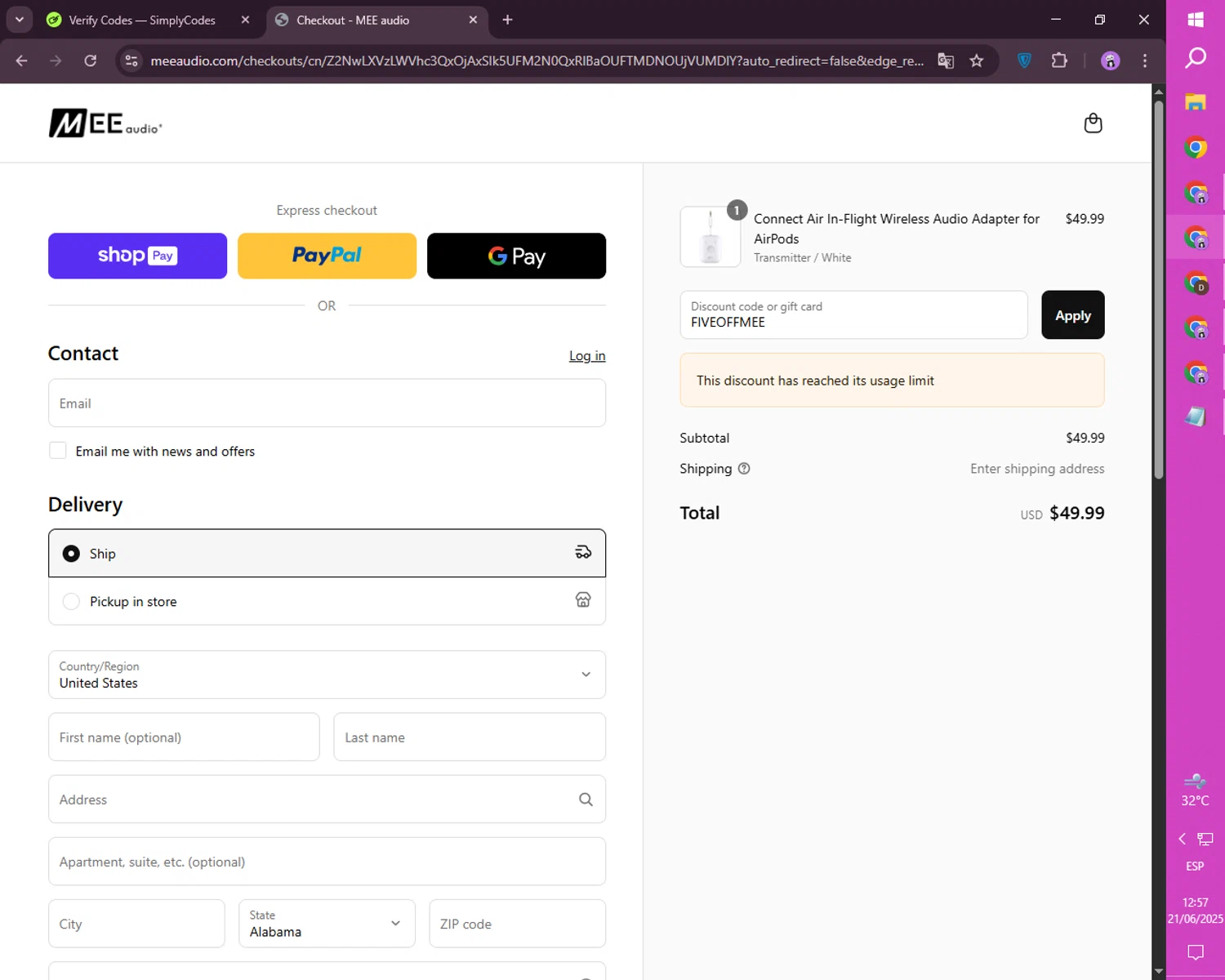 MEE Audio discount code screenshot showing code FIVEOFFMEE applied at MEE Audio checkout page. Uploaded by SimplyCodes community member CashSaver4711 on Jun 21, 2025