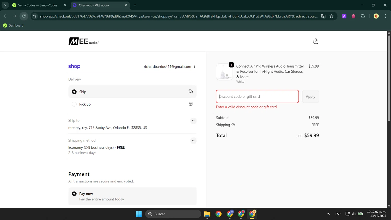 MEE Audio discount code screenshot showing code EXTRA20 applied at MEE Audio checkout page. Uploaded by SimplyCodes community member LuckyShopper9694 on Dec 14, 2025