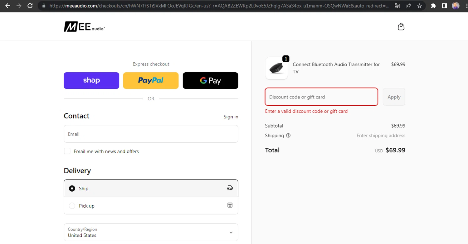 MEE Audio discount code screenshot showing code DELIRYA applied at MEE Audio checkout page. Uploaded by SimplyCodes community member HUNTER1406 on Jan 5, 2026